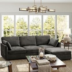 Iroomy Sectional Couch for Living Room, Comfy L Shaped Convertible Sofa, 4 Seater Modern Chenille Sofa with Ottoman,Black