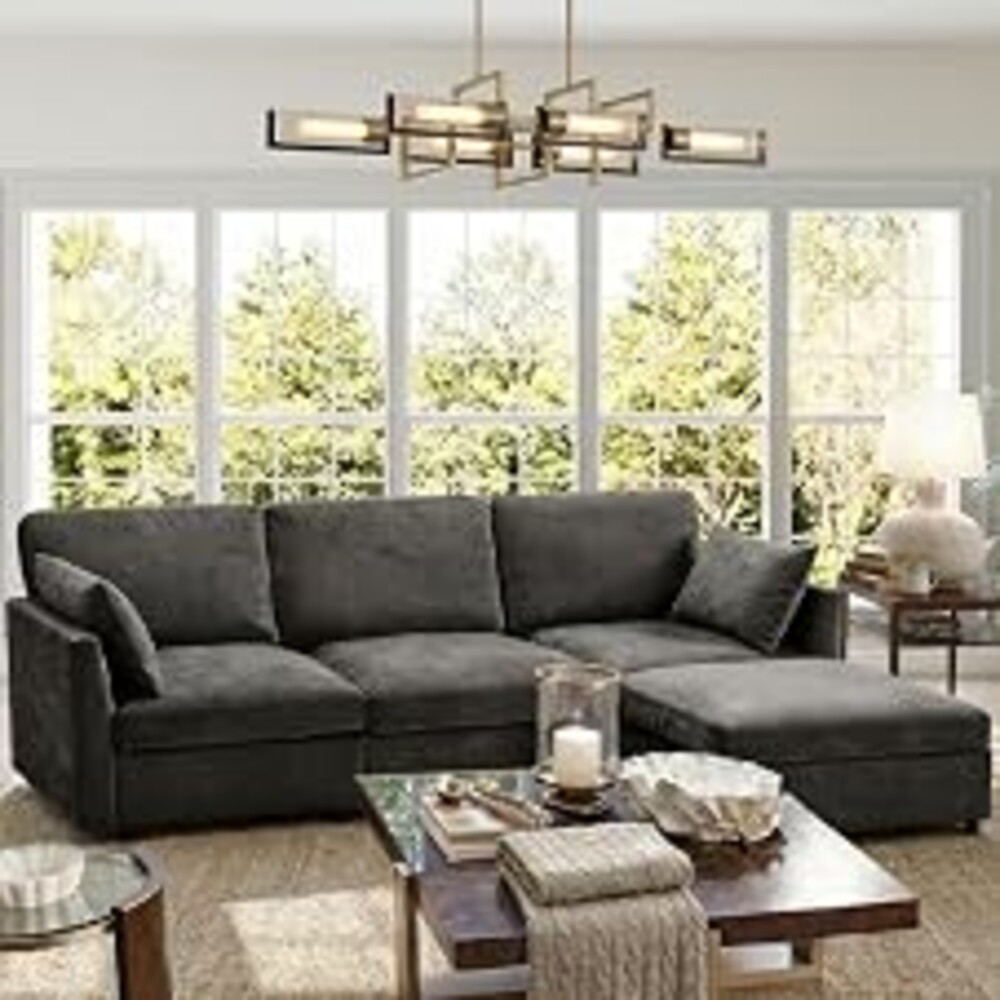 Iroomy Sectional Couch for Living Room, Comfy L Shaped Convertible Sofa, 4 Seater Modern Chenille Sofa with Ottoman,Black