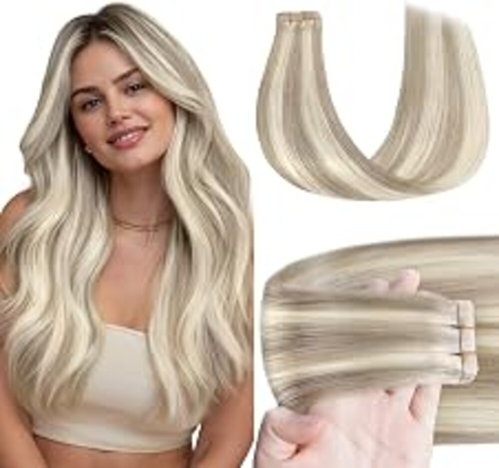 GOO GOO Tape in Hair Extensions Human Hair 14" 50g 20pcs #18F/60A | Balayage Light Wheat Platinum Blonde, Remy Human Hair, Strong Hold, Long-lasting, Invisible, Daily Wear