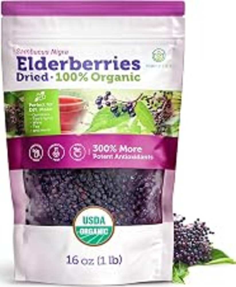 USDA Organic Dried Elderberries 1lb, Whole Black Elderberry Bulk | Non-irradiated raw Sambucus Nigra for uses & antioxidant support, make your own elderberry syrup, gummies & tea