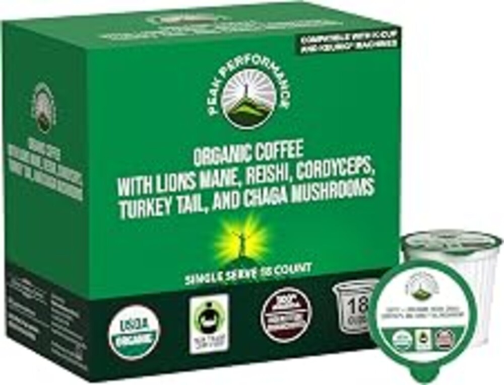 USDA Organic Mushroom Coffee Pods. High Altitude, Low Acid, Smooth Tasting | With Lion's Mane, Reishi, Cordyceps, Turkey Tail, & Chaga Mushrooms. Fair Trade, Instant Nootropic Coffee Medium Roast Ground