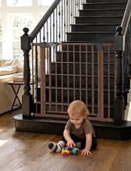 Babelio Baby Gate for Stairs No Drilling, 29-48 in PressGuard Dog Gate | Triple-Lock, Pressure/Wall Mount, Heavy Duty, Auto Close, Easy Install for Doorways/Kitchens/Hallway, Black Wood Pattern