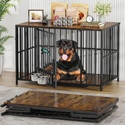 Easycom 43" Foldable Dog Crate Furniture for Large Dogs 60-80 lbs, Brown | No Assembly Dog Cage with Adjustable Bowls and Name Tag, Decorative Wooden Dog Kennel Indoor, End Table