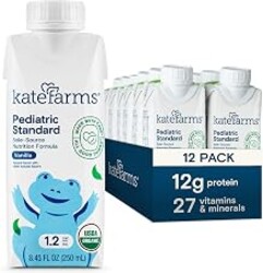 KATE FARMS Organic Plant Based Pediatric 1.2 Sole Source Vanilla Nutrition Shake, 12g of protein, 27 Vitamins and Minerals, Meal Replacement Drink for Kids, Non-GMO, 8.45 Fl oz (Pack of 12) | Organic pediatric nutrition shake with 12g protein plus 27 vitamins and minerals.