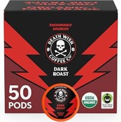 Death Wish Coffee Dark Roast Single Serve Coffee Pods, Organic, 50 Count | Fair Trade Arabica & Robusta, Baker's Chocolate & Cherry Notes, Low Acidity, Heavy Smooth Body, Bold & Intense