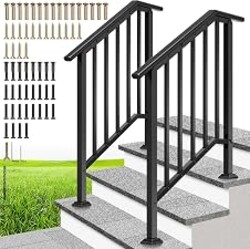 VIVOHOME 3-Step Hand Rails for Outdoor Steps, Straight-Oval and Balusters | 2-Pack, Galvanized Steel, Exterior Railing Kit for Porch, Deck, or Indoor Stairs (Black)
