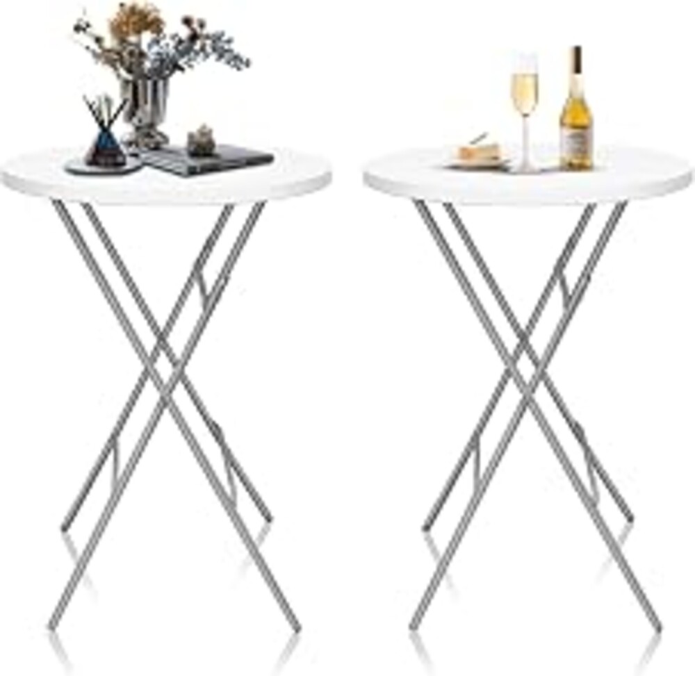 GUAGUA 32inch Folding Cocktail Tables, Bar Height, 2 Pack, White | 32in round bar-height tables with foldable legs for parties, weddings, catering, and portable indoor or outdoor setups.