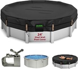 QH.HOME 550D 24 Ft Round Winter Pool Cover Tear Resistant Heavy Duty Fabric | Patented winch and rope-durable 4 foot overlap with threefold windproof, fits 24 ft steel wall above ground swimming pools