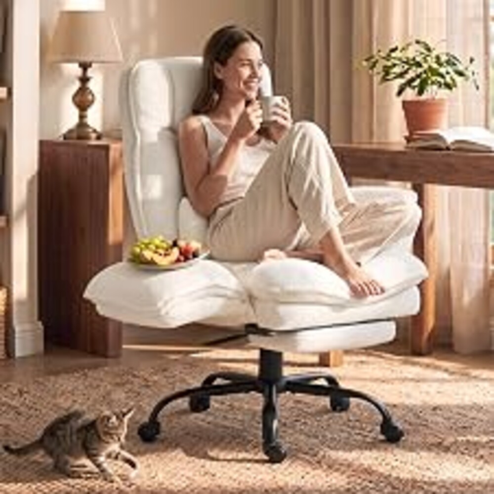 Wider Seat Office Chair with Flip Armrests for Criss Cross Legged&Cats, Big and Tall Executive Ergonomic Reclining Chair with Footrest&Lumbar Pillow, Teddy Fleece Desk Chair,White Vanity Chair