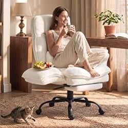 Wider Seat Office Chair with Flip Armrests for Criss Cross Legged&Cats, Big and Tall Executive Ergonomic Reclining Chair with Footrest&Lumbar Pillow, Teddy Fleece Desk Chair,White Vanity Chair