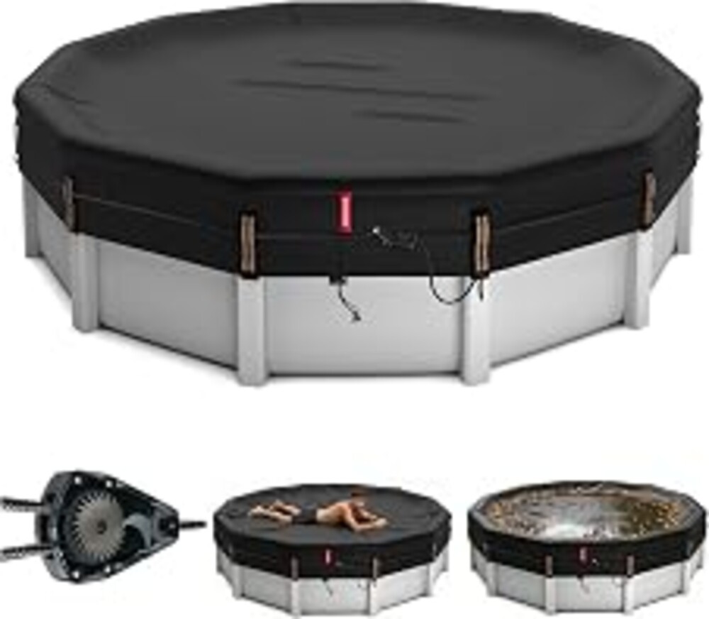 QH.HOME 28 Ft Heavy Duty Winter Pool Cover for 27/28 Ft Steel Wall Pool, 4 ft Overlap (32 ft Cover Size) [Excellent Windproof ] Fast Tightening Ratchet & Counterweight Ring,Cold and UV Resistant
