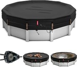 QH.HOME 28 Ft Heavy Duty Winter Pool Cover for 27/28 Ft Steel Wall Pool, 4 ft Overlap (32 ft Cover Size) [Excellent Windproof ] Fast Tightening Ratchet & Counterweight Ring,Cold and UV Resistant