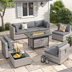 MAISON BACKYARDS 6-Seat Modern Outdoor Wicker Rattan Patio Furniture Set with 55,000 BTU Fire Pit Table, Thick 4″ Cushions, All-Weather Dual-Strand Rattan, Rust-Resistant Steel Frame,Black