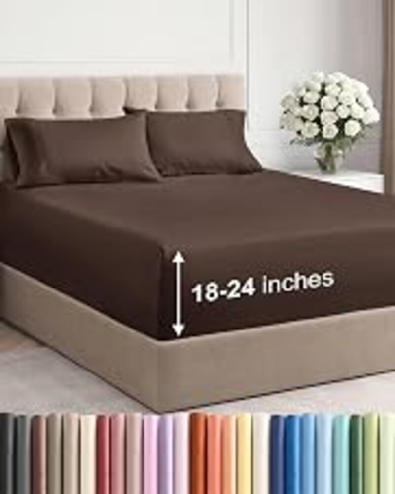 Extra Deep Cal King Sheet Set - 4 Piece Breathable & Cooling Sheets - Brown | Easily Fits 18 to 24 inch Mattress, Ultra Soft, Wrinkle & Fade Free with Extra Deep Pockets, Comfy Hotel Luxury Bedding