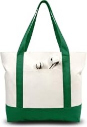 TOPDesign 30-Pack Canvas Tote Bags with an External Pocket, Reusable Grocery Shopping Bags, Top Zipper Closure, Daily Essentials (Green/Natural)