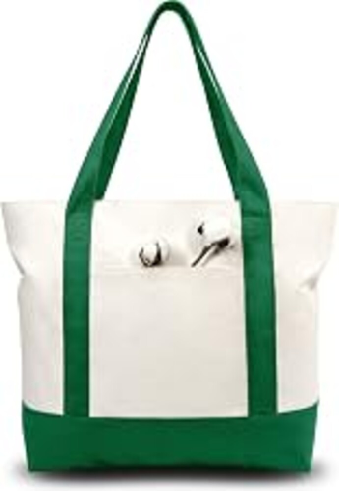 TOPDesign 30-Pack Canvas Tote Bags with an External Pocket, Reusable Grocery Shopping Bags, Top Zipper Closure, Daily Essentials (Green/Natural)