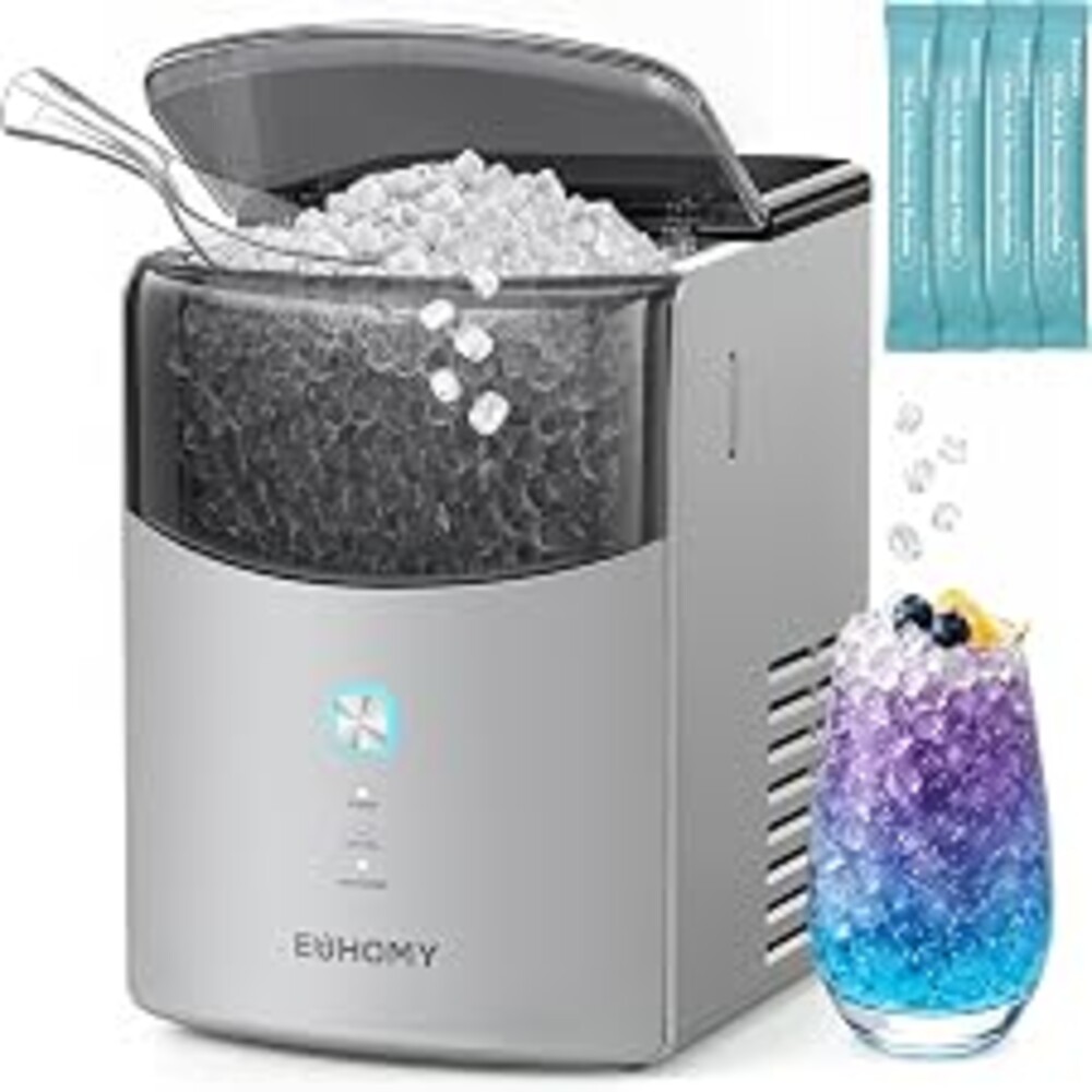 Euhomy Countertop Nugget Ice Maker, 35lbs Daily Sonic Crushed Ice Machine | Ice Ready in 5 Mins, Dual-Pump Self-Cleaning, Detachable Lid, Pebble Ice Maker with Basket, Scoop, 4 Packs Cleaner, Grey