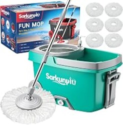 Sarkunpio Spin Mop and Bucket Set with 6 Microfiber Heads, Turquoise | Floor mop with wringer, hand-press wringing, 61" extra-long handle, spinning mopping floor cleaning system for home floors