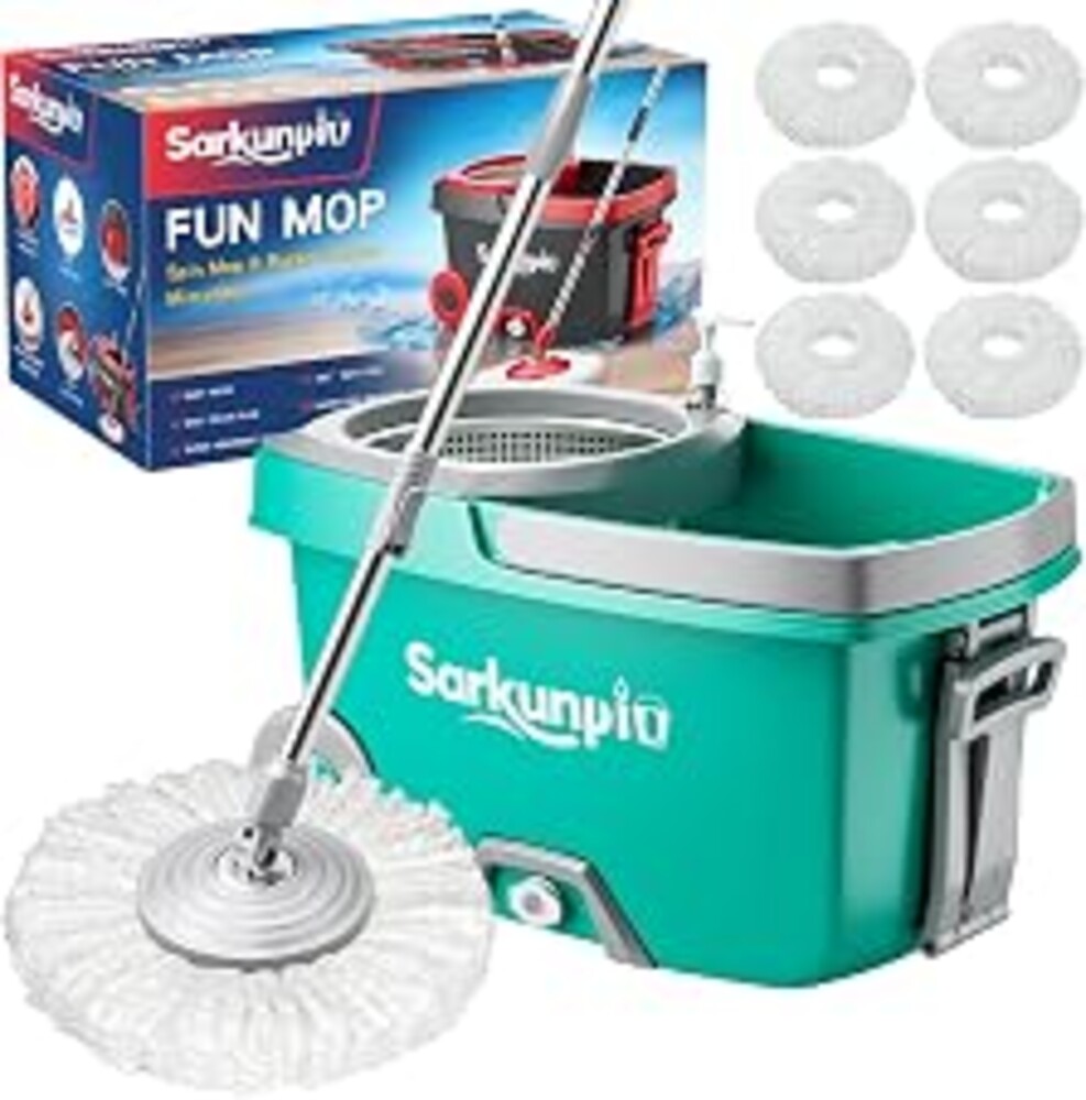 Sarkunpio Spin Mop and Bucket Set with 6 Microfiber Heads, Turquoise | Floor mop with wringer, hand-press wringing, 61" extra-long handle, spinning mopping floor cleaning system for home floors