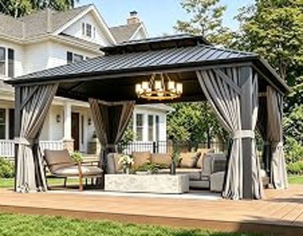 Aoxun 12X16Ft Hardtop Gazebo Metal Gazebo with Galvanized Steel Double Roof | Outdoor Pergola Permanent Pavilion with Breathable Netting,Curtains Mosquito Screens for Backyard,Patio,Lawn,Deck,Grey
