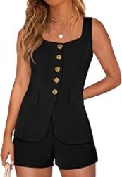 PRETTYGARDEN Womens Button Down 2 Piece Matching Sets | Lightweight Square Neck Tank, Dressy Suit Vest Tops Shorts Set, Business Casual Vacation Outfits, Spring Summer Clothes