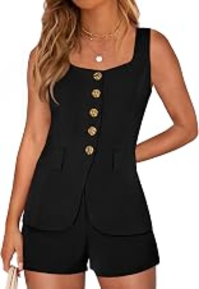 PRETTYGARDEN Womens Button Down 2 Piece Matching Sets | Lightweight Square Neck Tank, Dressy Suit Vest Tops Shorts Set, Business Casual Vacation Outfits, Spring Summer Clothes