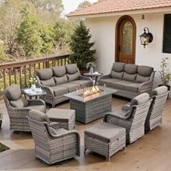 Belord Luxury 6" Thick Cushioned 11 Pieces Patio Furniture Set with Fire Pit Table, Wicker Outdoor Conversation Set with High Back Swivel Rocker Chairs for Deck Porch Yard and Poolside - Grey+Grey