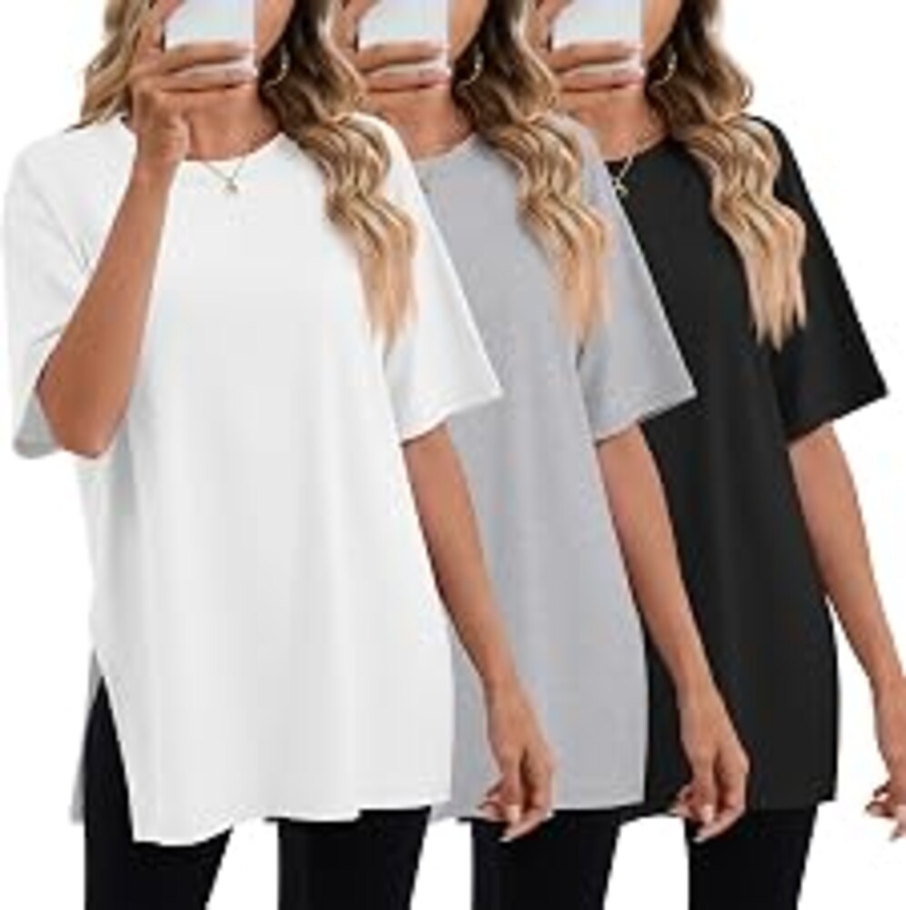 Huukeay 3 Pack Women's Oversized T Shirts Workout Tops | Loose Fit Long Shirts, Summer Baggy Gym Tees, Short Sleeves Crew Neck Side Split, Casual Plus Size Fashion Clothes