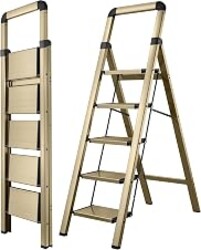 BIBKOKE Step Ladder 5-Step Champagne Finish Aluminum Folding Ladders | Anti-slip Sturdy Portable Foldable Ladder Modern Step Stool for Kitchen Home Office Libaray