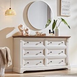 T4TREAM Farmhouse 6 Drawers Dresser for Bedroom, 54" Wide Wooden Chests | Large Dressers w/Roman Column, Wooden Dresser TV Stand with Large Drawers for Bedroom Living Room Hallway,Antique White