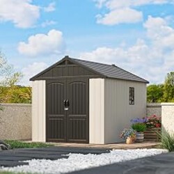 Patiowell 8x10 FT Resin Outdoor Storage Shed with Floor, Beige | Plastic Shed with 2 DIY Windows, Lockable Door,For Garden, Backyard, Tool Storage Use, Easy to Install, Kick-it Shed