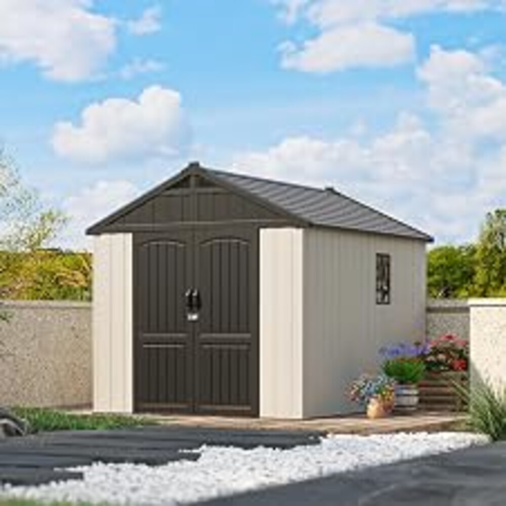 Patiowell 8x10 FT Resin Outdoor Storage Shed with Floor, Beige | Plastic Shed with 2 DIY Windows, Lockable Door,For Garden, Backyard, Tool Storage Use, Easy to Install, Kick-it Shed