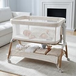 GROWNSY 5-in-1 Baby Bassinet Bedside Sleeper with Gentle Rocking Mode Beige | 6 Adjustable Heights, Full Breathable Mesh, Convertible to Portable Crib, Bassinets with Mattress & Wheels, Beige