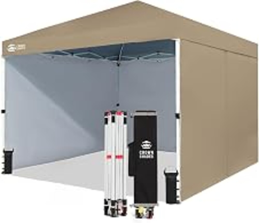CROWN SHADES 10X10 Commercial Pop Up Canopy Tent with Sidewalls, Beige | 300D Silver-Coated Fabric, UPF 50+, STO-N-Go Bag, One Push Instant Event Shelter for Events, Parties, Camping