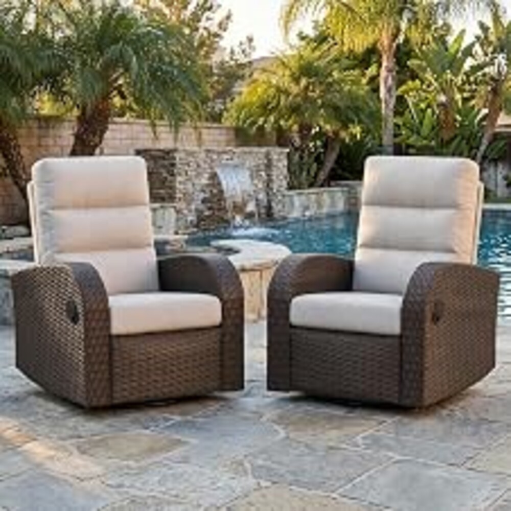 LayinSun Oversized Wicker Outdoor Swivel Glider Recliner with Adjustable Backrest & Footrest, Patio Reclining Lounge Chair - Set of 2