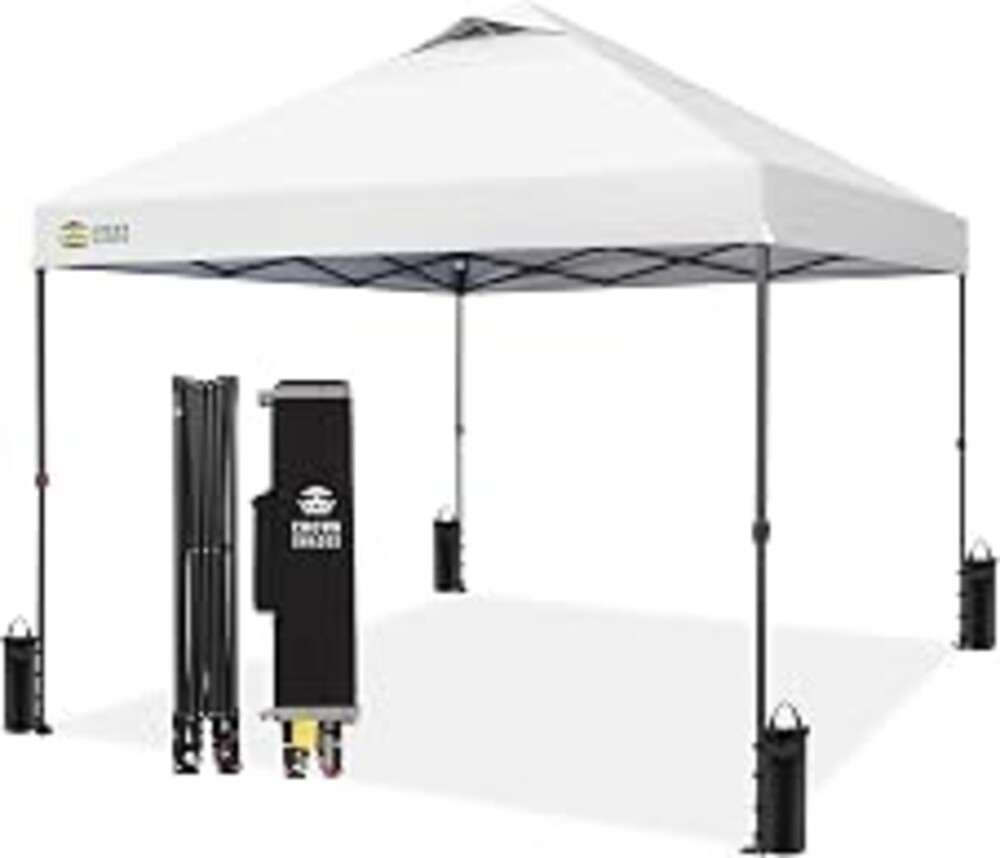 CROWN SHADES 10x10 Pop Up Canopy Tent, Outdoor Canopy, White | Patented CENTERLOK One Push Instant,Outdoor Canopy with STO-N-GO Bag,8 Stakes &4 Sand Bags,Waterproof,Vented,Beach,Camping