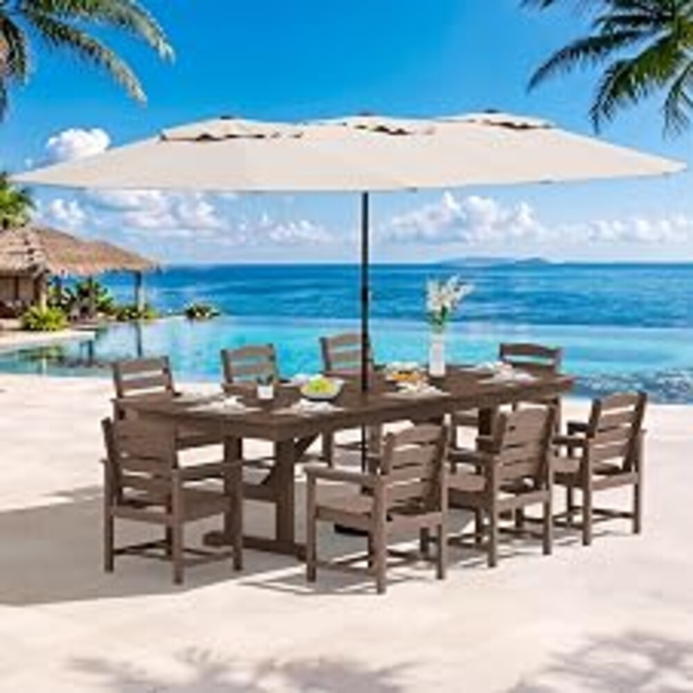 SERWALL 10Pcs 84" HDPE Outdoor Dining Set w/Armchairs & Umbrella,Brown | All-weather HDPE Frame,8 Armchairs with an 84" Table, Two-sided Umbrella and Umbrella hole,Perfect for Outdoor Gathering