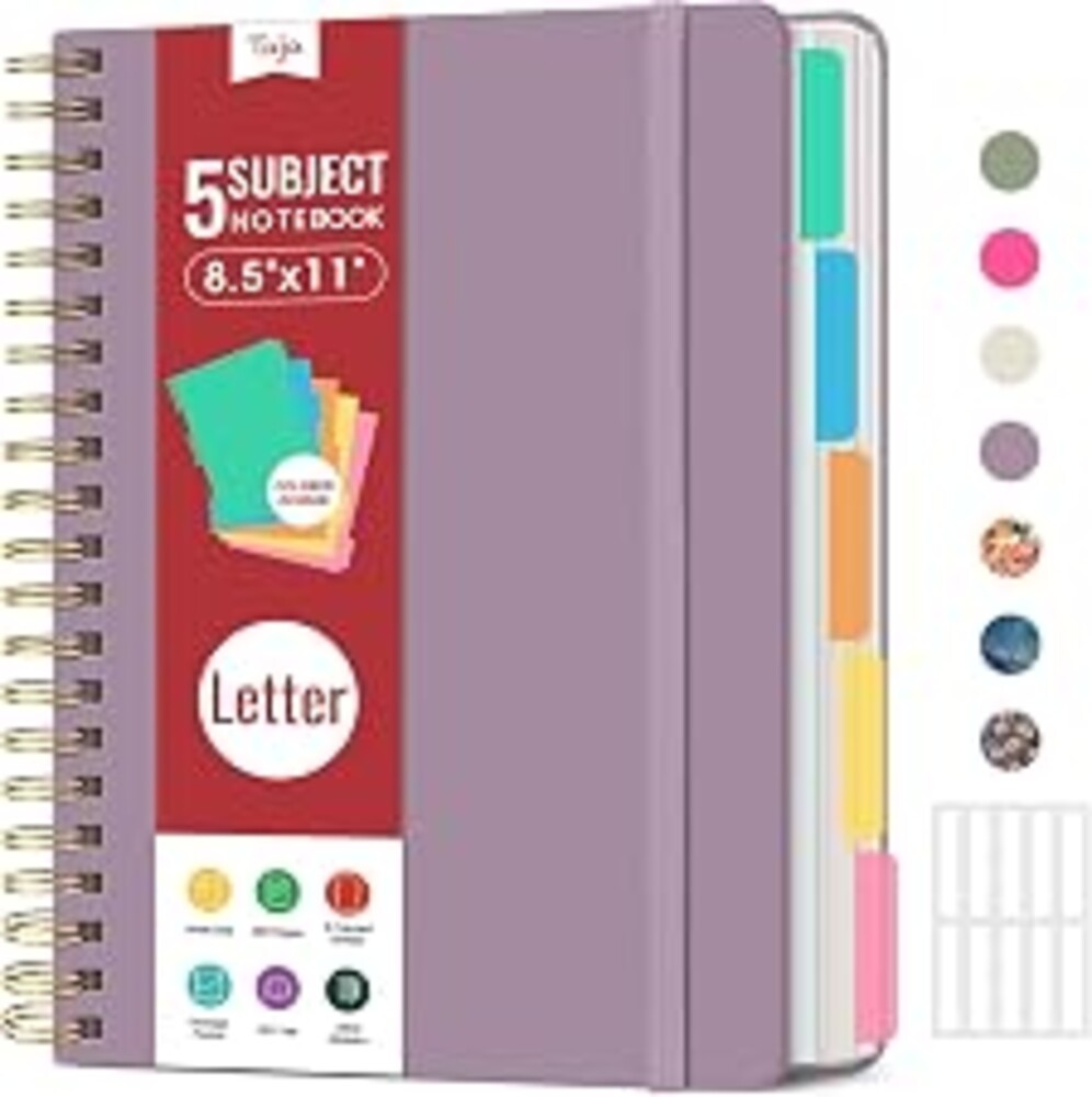 Taja Spiral Notebooks for Work 5 Subject Notebook with Removable Dividers | Purple, 8.5" x 11", College Ruled Lined Journal for Women & Writing, 280 Pages Notebook for Note Taking & Organizer