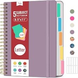Taja Spiral Notebooks for Work 5 Subject Notebook with Removable Dividers | Purple, 8.5" x 11", College Ruled Lined Journal for Women & Writing, 280 Pages Notebook for Note Taking & Organizer
