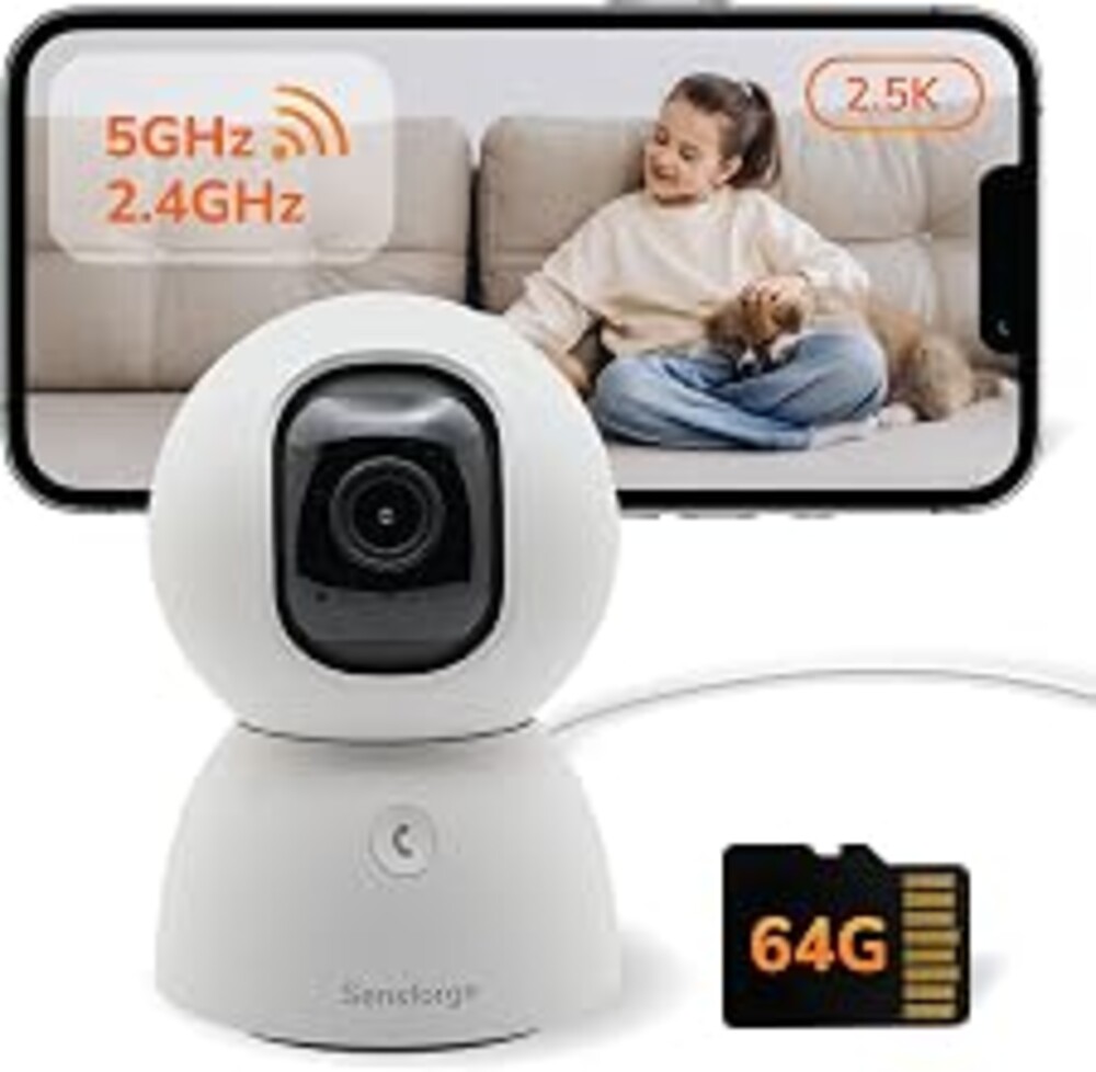 SensForge 2.5K Indoor Pan-Tilt Security Camera, 360° Dual-Band 2.4/5GB Wi-Fi Camera for Home, Smart AI Human & Pet Detection, 64GB SD Card Included, Two-Way Talk, No Subscription Required (1, White)
