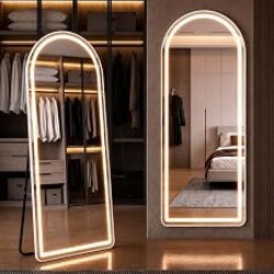 HAPPYMONT 20"x63" Arched Full Length Mirror with Lights, Standing Mirror | Large Mirror Full Length with LED Light 3 Color Lighting, Hanging or Leaning, Modern Simple Home Wall Decor, White