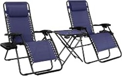 Amazon Basics Outdoor Adjustable Zero Gravity Folding Reclining Lounge Chair with Cup Holder, Headrest Pillow, Detachable Side Table, Weather Resistant, Set of 2, Blue
