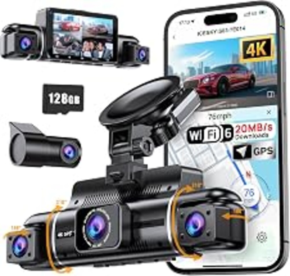 Icesky 4K Dash Cam Front and Rear Left Right with GPS, 20MB/s WiFi 6 | Include 128GB SD Card, G-Sensor, 5.8GHz WiFi6, Parking Mode, 8 IR Lights, 4K Front 1080P Rear/Left/Right, 360° 4 Channel