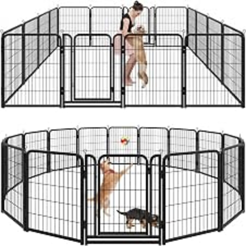 Kfvigoho Dog Playpen Outdoor Extra Wide 16 Panels Heavy Duty Dog Fence 40" | Anti-Rust Coating-Strengthened Dog Fence with Doors Portable for RV Camping Yard, Total 42FT, 140 Sq.ft, Snowy Black