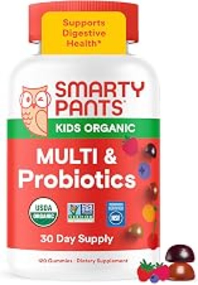 SmartyPants Organic Kids Multivitamin Gummies: Probiotics, Omega 3 (ALA), Beta Carotene, Vitamin B12, B6, A, K & Zinc for Immune Support, Biotin, Three Fruit Flavors, 120 Count (30 Day Supply)