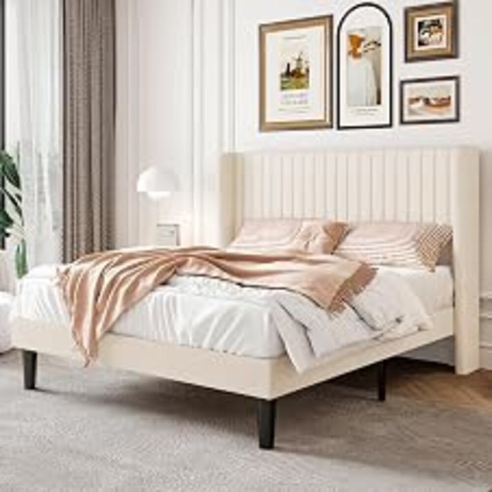 SHA CERLIN Full Size Velvet Bed Frame, Tufted Wingback Headboard, Cream | 47'' Modern Vertical Channel Headboard, Upholstered Platform Bed, Wood Slats, No Box Spring Needed, Easy Assembly, Noise Free