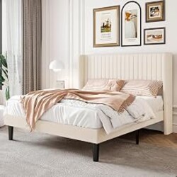 SHA CERLIN Full Size Velvet Bed Frame, Tufted Wingback Headboard, Cream | 47'' Modern Vertical Channel Headboard, Upholstered Platform Bed, Wood Slats, No Box Spring Needed, Easy Assembly, Noise Free