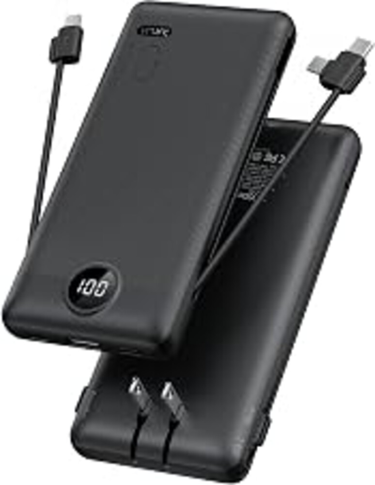 VRURC Portable Charger, Power Bank Built-in Cables and AC Wall Plug | USB C Portable Bank 10000mAh,Travel Essentials Phone Charger Compact External Battery Pack for Smart Phones,Tablets-Black