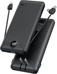 VRURC Portable Charger, Power Bank Built-in Cables and AC Wall Plug | USB C Portable Bank 10000mAh,Travel Essentials Phone Charger Compact External Battery Pack for Smart Phones,Tablets-Black