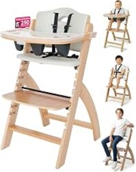 Abiie Beyond Junior Convertible Wooden High Chair with Removable Tray | 3-in-1 Adjustable Highchair for Babies & Toddlers, Fits 6 Mos to 250 lbs, Water-Resistant, Natural Wood w/ Grey Cushion